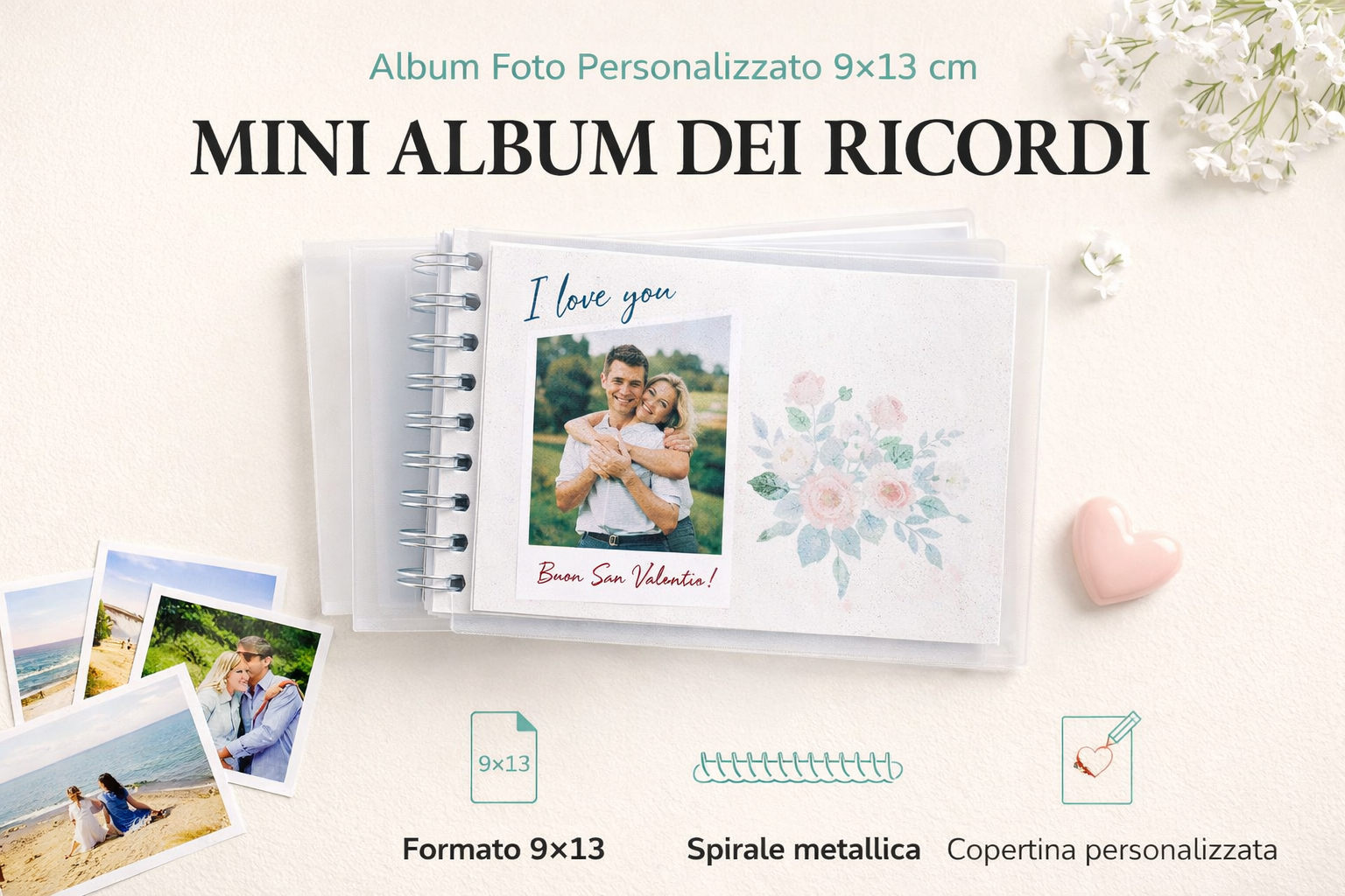 Mini album dei ricordi 9x13, album fotografico personalizzato con copertina semitrasparente e spirale metallica