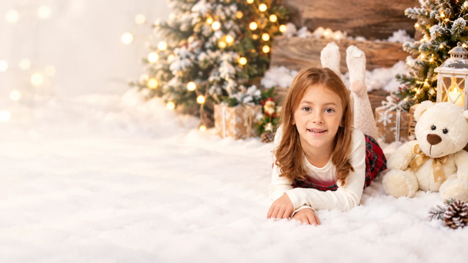 Bambina in un set fotografico natalizio per le Mini Sessioni di Natale 2026 a Padova di Click & Dreen Fotografia