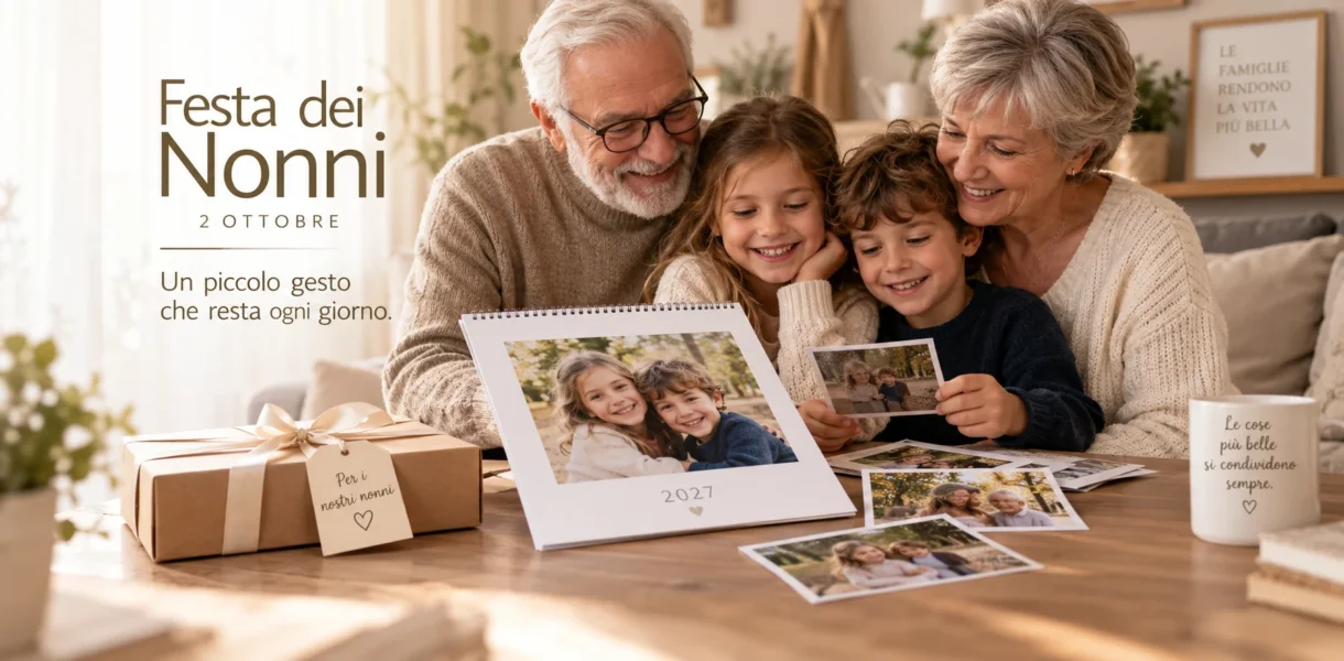Nonni con due nipoti che guardano insieme fotografie stampate e un calendario fotografico 2027.