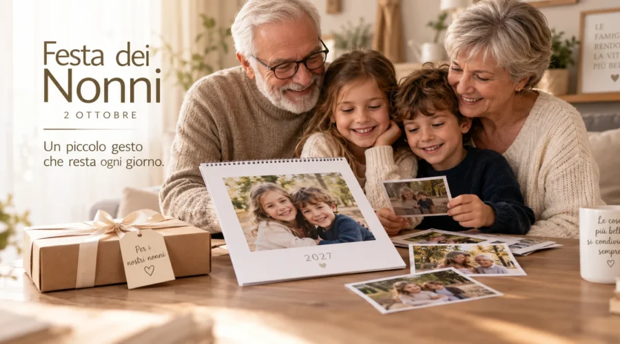 Nonni con due nipoti che guardano insieme fotografie stampate e un calendario fotografico 2027.