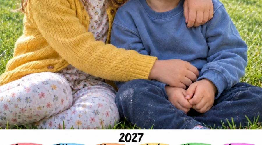 Fotocalendario 2027 con foto di due bambini e mesi colorati su due righe