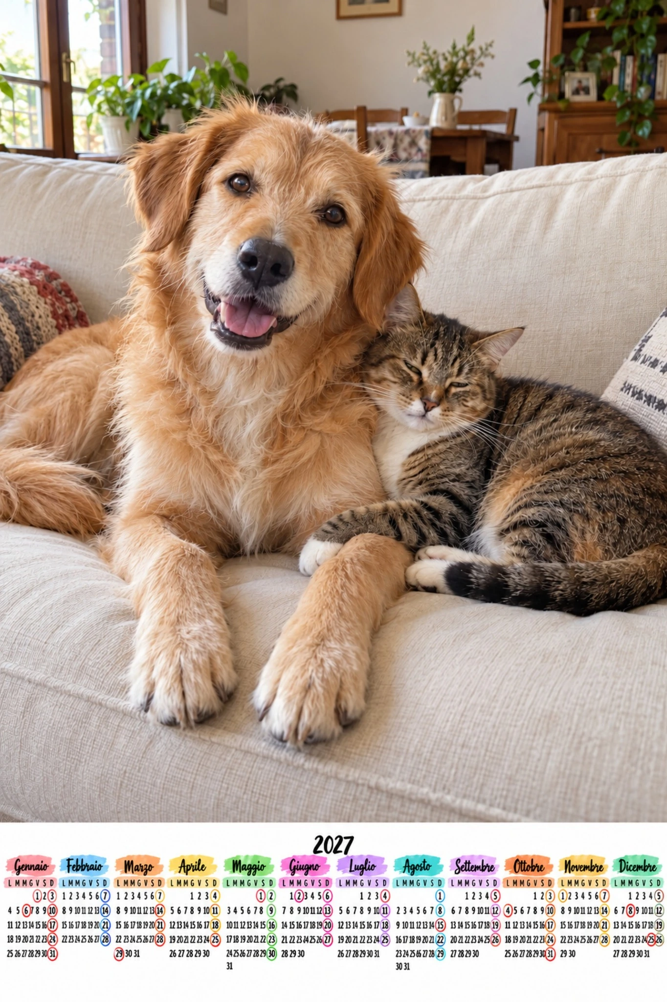 Fotocalendario 2027 con cane e gatto sul divano e dodici mesi su una riga