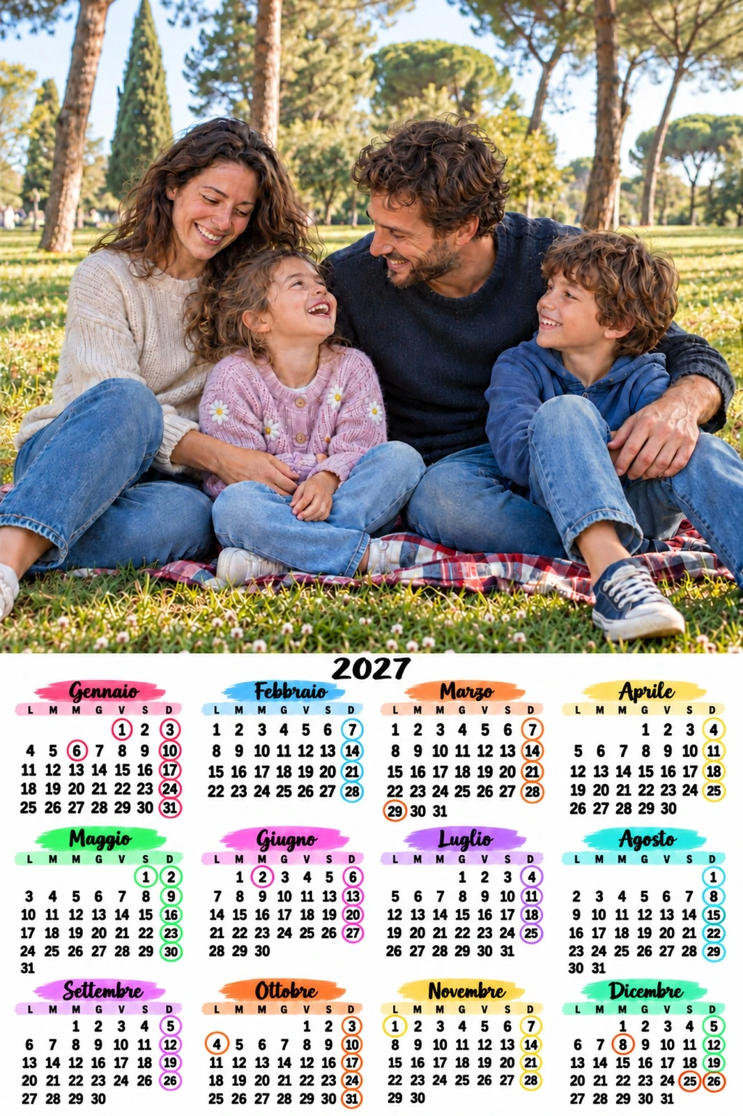 Fotocalendario 2027 con foto di famiglia al parco e dodici mesi su tre righe